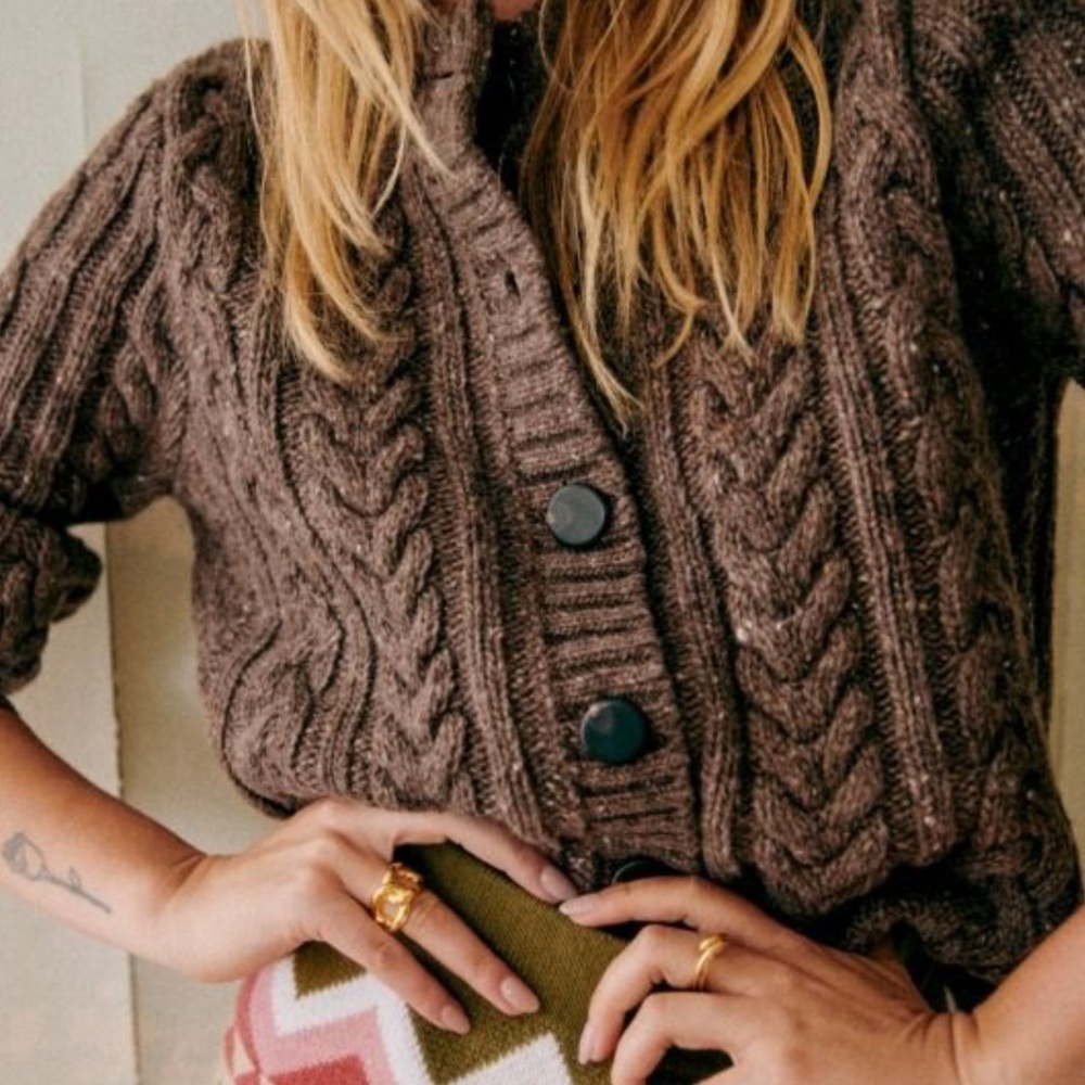 🍂☕️RARE Sezane ANDINA CARDIGAN Chunky Cable Knit Brown Sweater